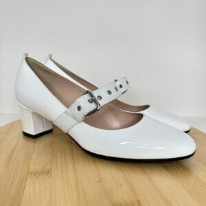NEW SJP Sarah Jessica Parker White Patent Pratt Mary Jane Block Heel Shoes Sz 37